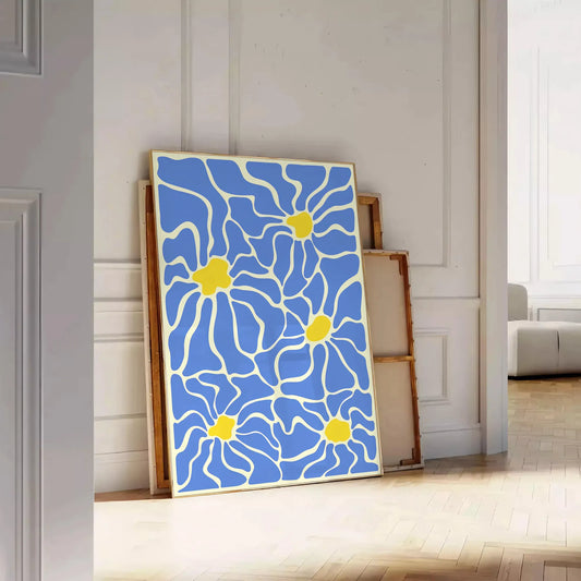splash groovy vibes space vibrant Flower Party Poster bold yellow white hues captivating wall art perfect gift unframed options decor artwork room