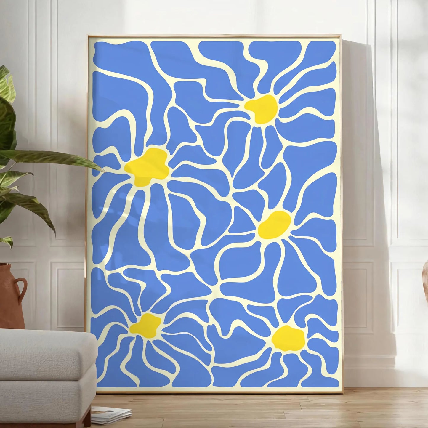 splash groovy vibes space vibrant Flower Party Poster bold yellow white hues captivating wall art perfect gift unframed options decor artwork room