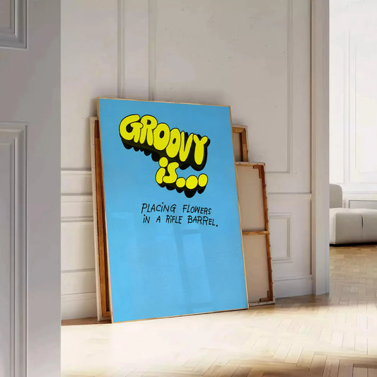 nostalgia groovy flower print poster vibrant yellow bold black stunning ripple barrel art effect wall space unique artwork unforgettable gift sizes A4 cm A0