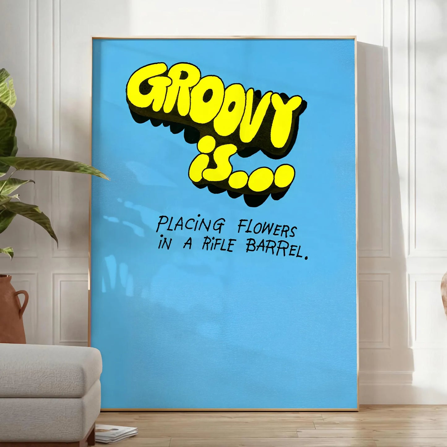 nostalgia groovy flower print poster vibrant yellow bold black stunning ripple barrel art effect wall space unique artwork unforgettable gift sizes A4 cm A0