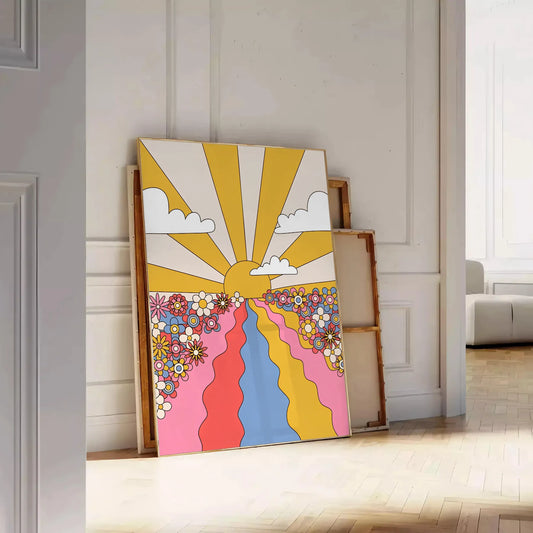 space groovy Sunflower Flower Market Poster vibrant yellow brown hues eye wall art perfect gift room unique artwork available frame enthusiasts retro prints