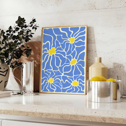 splash groovy vibes space vibrant Flower Party Poster bold yellow white hues captivating wall art perfect gift unframed options decor artwork room