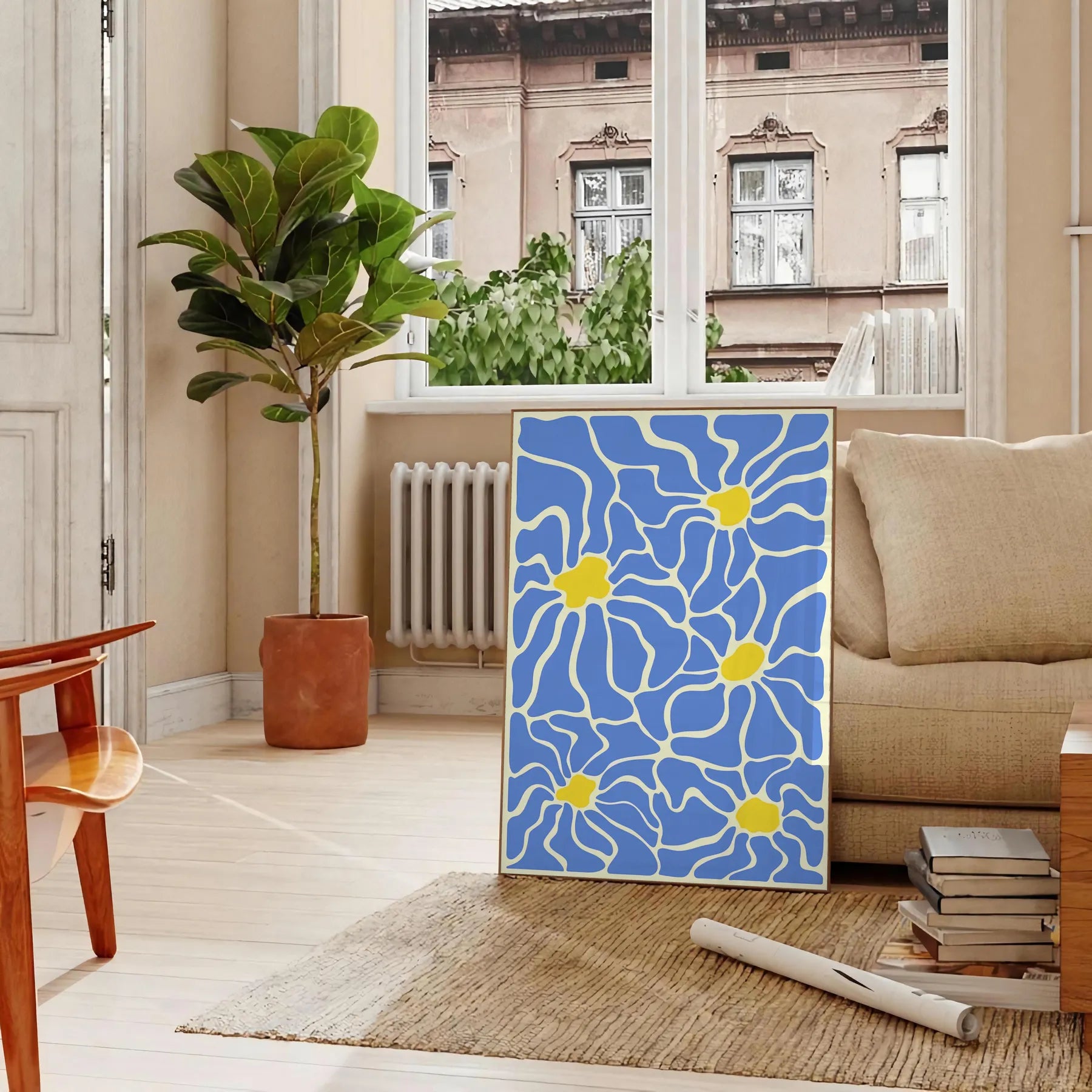 splash groovy vibes space vibrant Flower Party Poster bold yellow white hues captivating wall art perfect gift unframed options decor artwork room