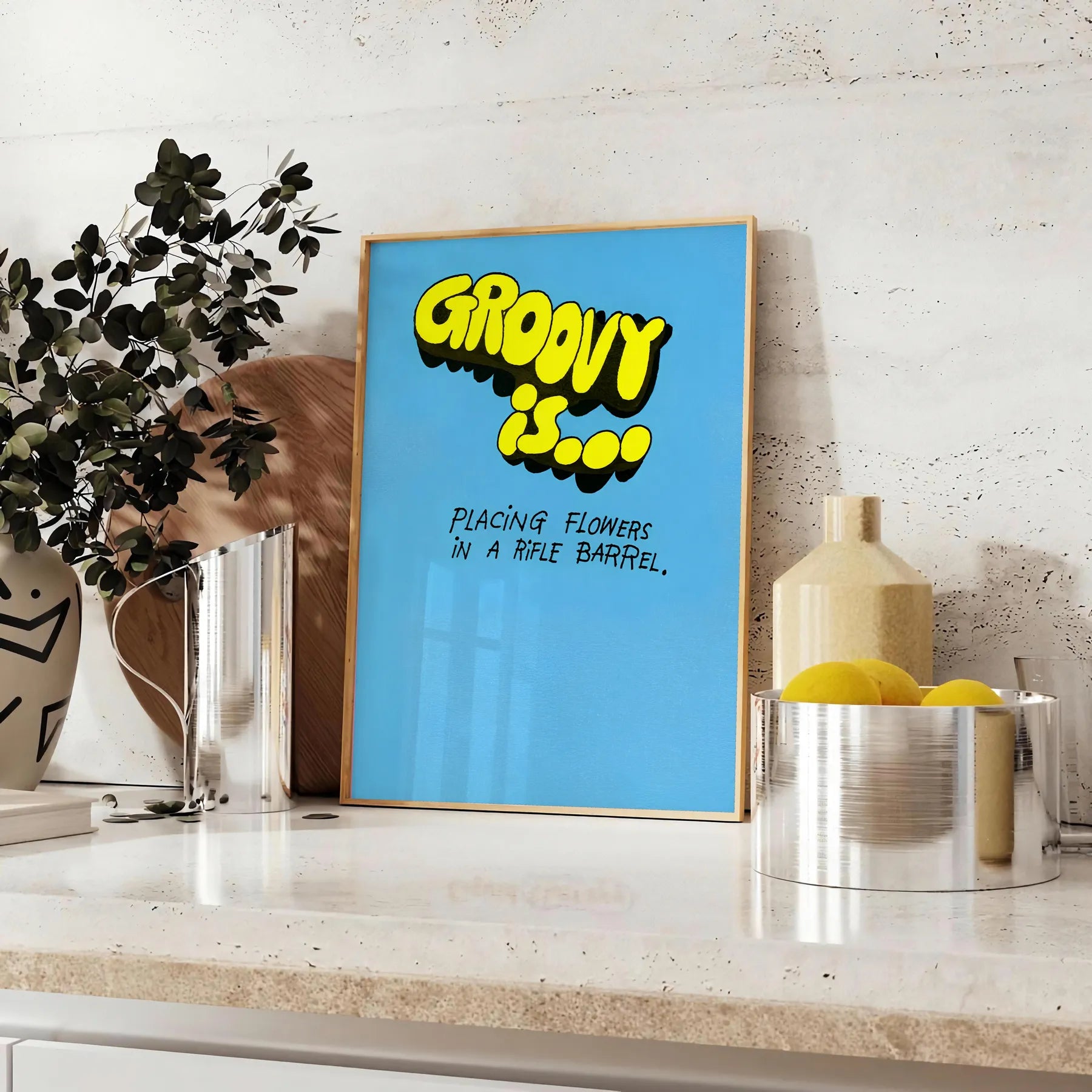 nostalgia groovy flower print poster vibrant yellow bold black stunning ripple barrel art effect wall space unique artwork unforgettable gift sizes A4 cm A0