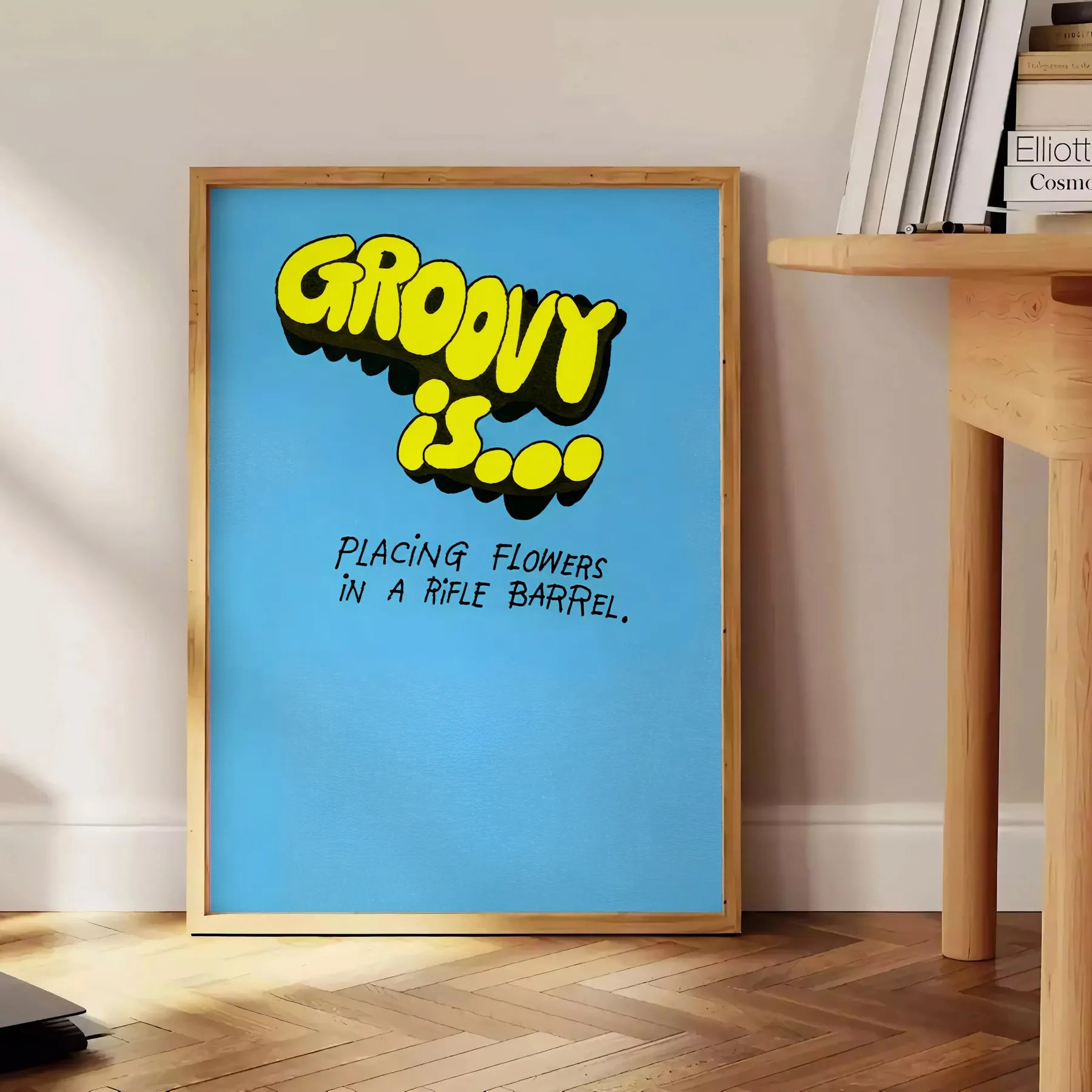 nostalgia groovy flower print poster vibrant yellow bold black stunning ripple barrel art effect wall space unique artwork unforgettable gift sizes A4 cm A0
