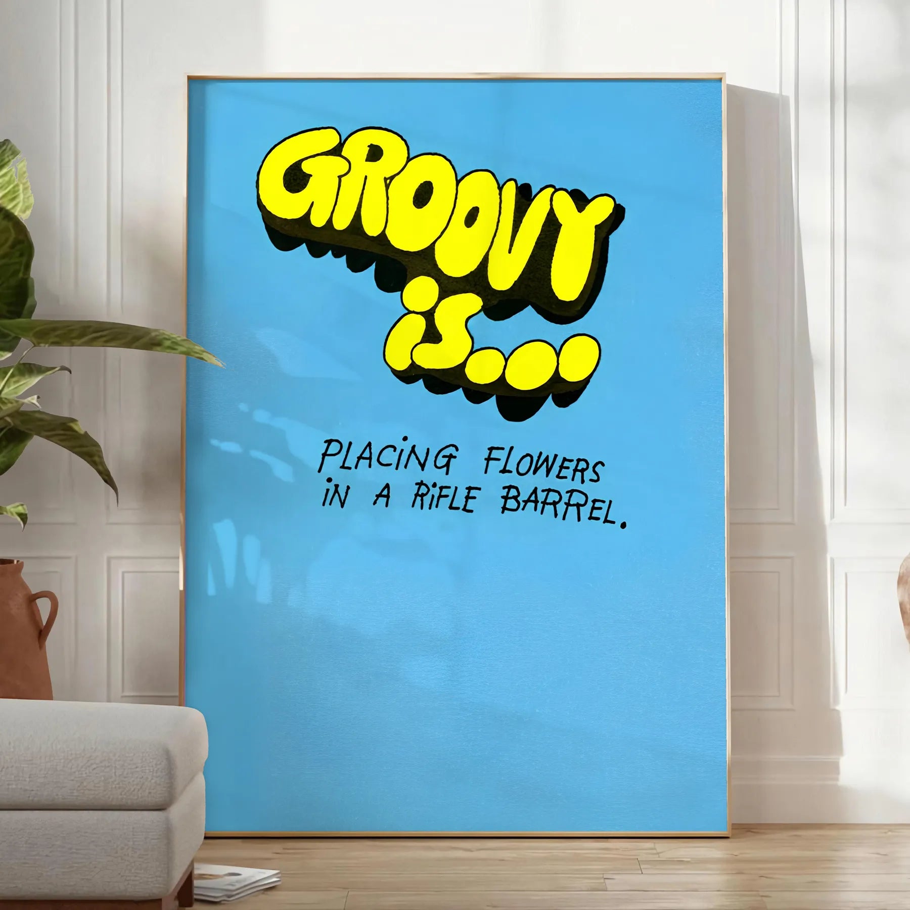 nostalgia groovy flower print poster vibrant yellow bold black stunning ripple barrel art effect wall space unique artwork unforgettable gift sizes A4 cm A0
