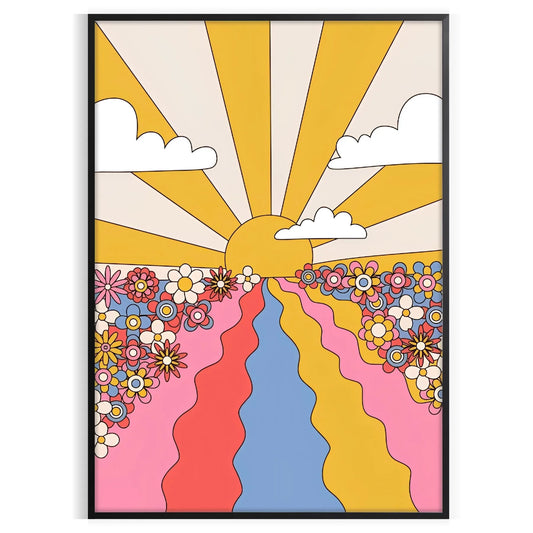 space groovy Sunflower Flower Market Poster vibrant yellow brown hues eye wall art perfect gift room unique artwork available frame enthusiasts retro prints