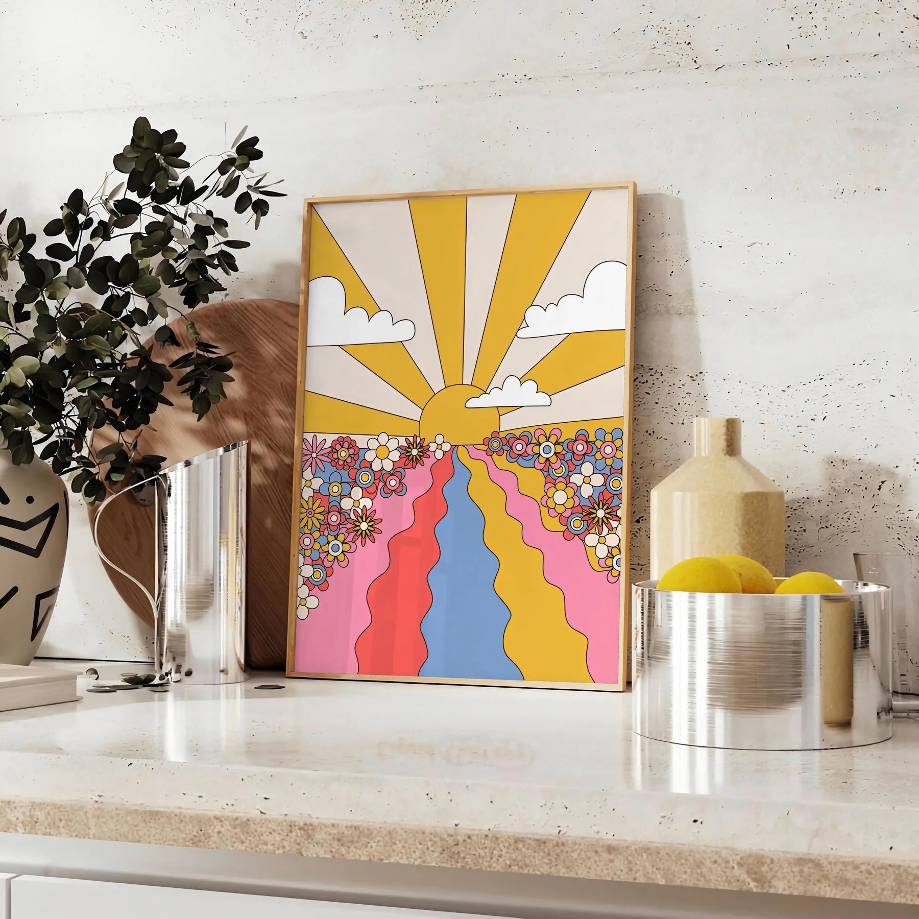 space groovy Sunflower Flower Market Poster vibrant yellow brown hues eye wall art perfect gift room unique artwork available frame enthusiasts retro prints
