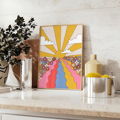 space groovy Sunflower Flower Market Poster vibrant yellow brown hues eye wall art perfect gift room unique artwork available frame enthusiasts retro prints