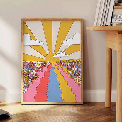 space groovy Sunflower Flower Market Poster vibrant yellow brown hues eye wall art perfect gift room unique artwork available frame enthusiasts retro prints