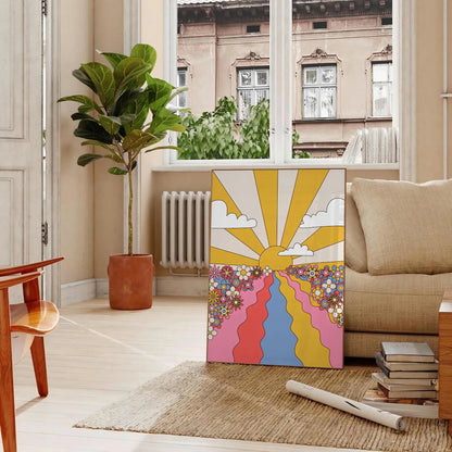 space groovy Sunflower Flower Market Poster vibrant yellow brown hues eye wall art perfect gift room unique artwork available frame enthusiasts retro prints