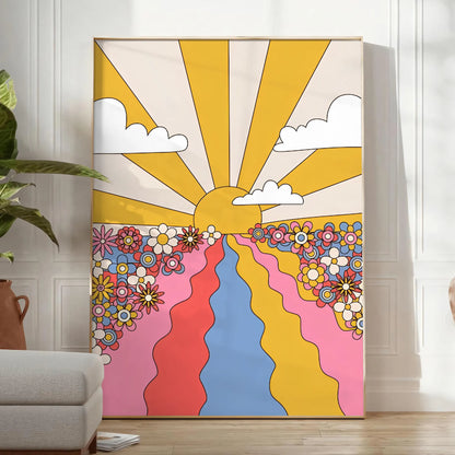 space groovy Sunflower Flower Market Poster vibrant yellow brown hues eye wall art perfect gift room unique artwork available frame enthusiasts retro prints